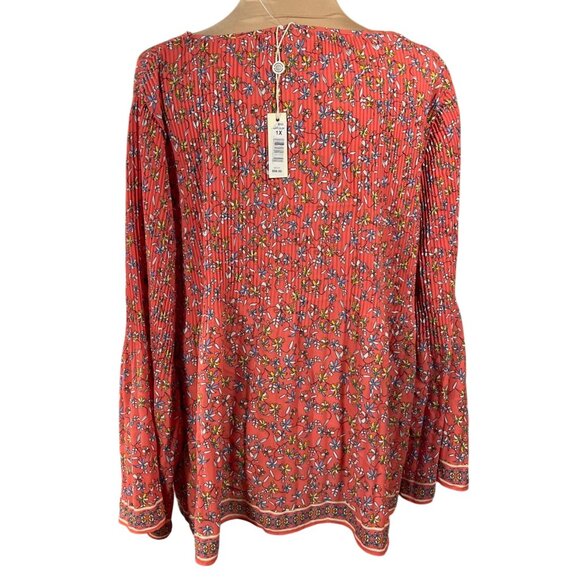 New Max Studio Pleated Tunic Top Orange Floral Size 1X Long Sleeve - Picture 3 of 8